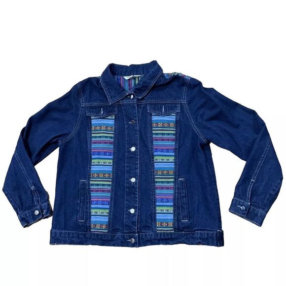TANTRUMS Jean Jacket Women M Rainbow Boho Floral Tribal Aztec Western Blue Denim - Picture 1 of 16